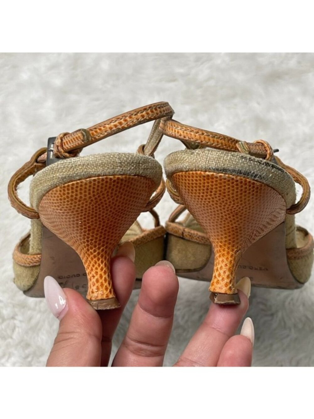 Vintage Prada Slingback Mules Size 36 Orange Snakeskin Leather Buckle Kitten Hee - Picture 5 of 15